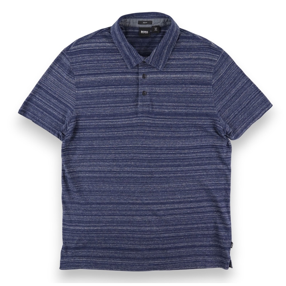 BOSS Hugo Boss Polo Shirt Mens XL Blue Space Dye Stripe Slim Fit Place 28